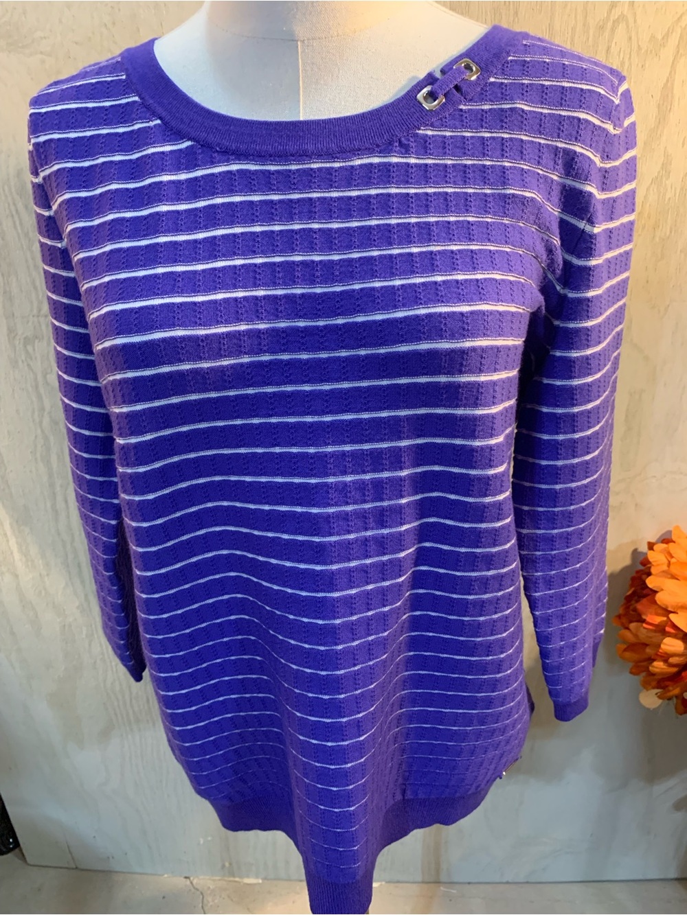 Calvin Klein Purple Crewneck Sweater with White Stripes